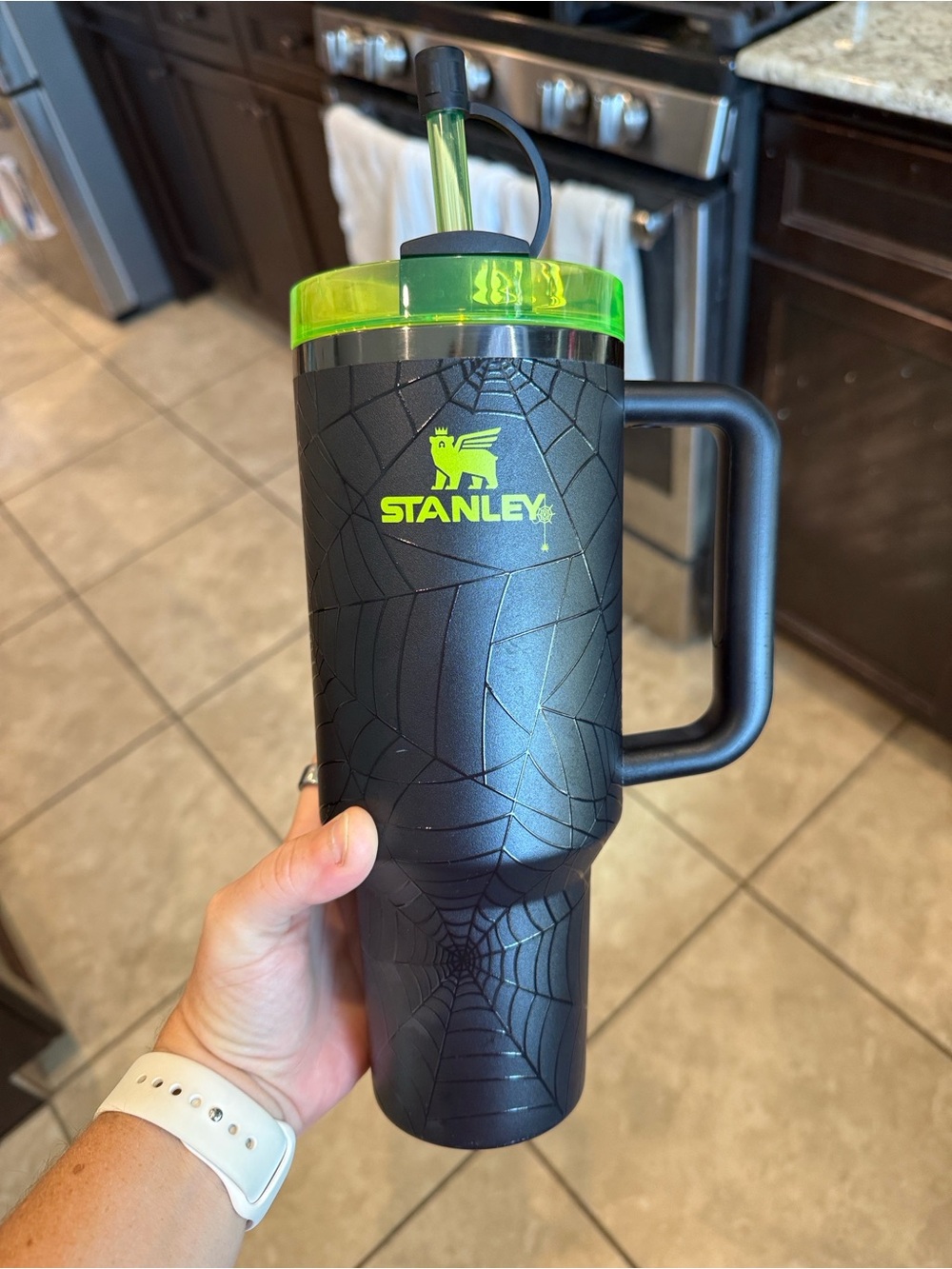 Stanley Black Tumbler with Neon Green Lid and Straw